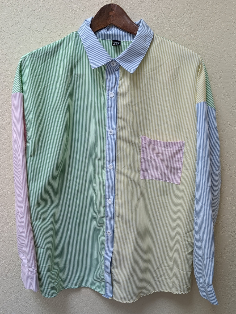 Pastel Multi Colored Pathwork Collared Button Down Blouse. Size 12